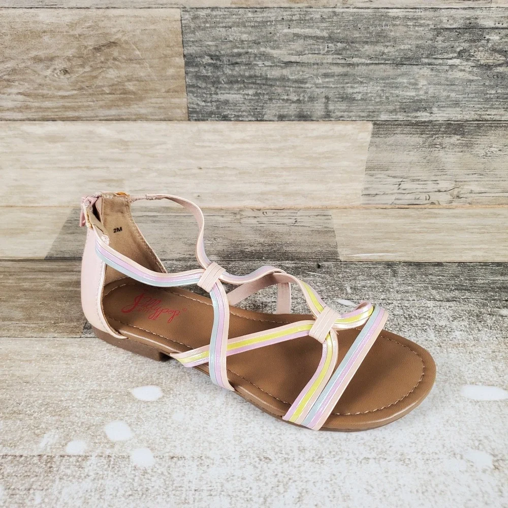 Jellypop Marita Kids Flat Sandals Sz 2 M Pastel Multi Leather Back Zip Open Toe